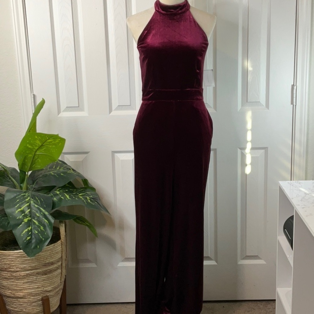 1.STATE Women's Mock Neck Halter Tie-Neck Velvet Jumpsuit Size S - Picture 3 of 13